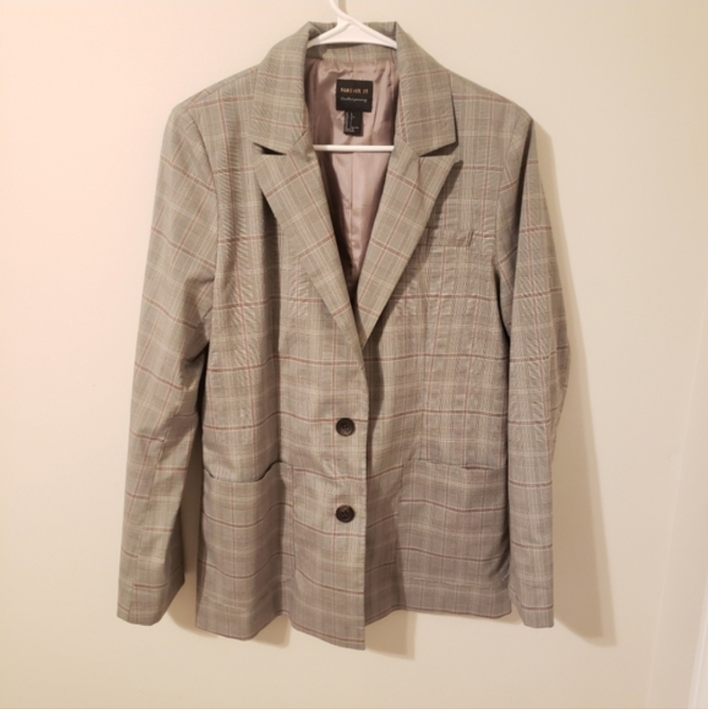 Forever 21 Contemporary Gray Plaid Blazer Large